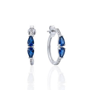 Brinco Argolinha Cravejada c/ 2 Zircônias Gota Azul 1,6cm - Prata 925