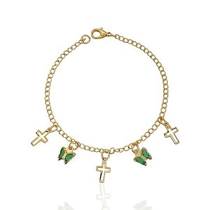 Pulseira Cruz Vazada e Borboletas Verde 19cm - Banho de ouro 18k