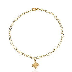 Tornozeleira Trevo Elo Coração 25cm - Banho de Ouro 18k