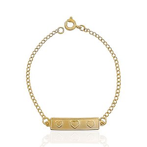 Pulseira Infantil Plaquinha com Corações 15cm - Banho de ouro 18k
