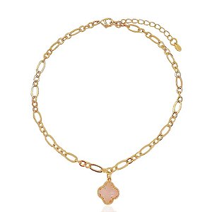 Tornozeleira Trevo Rosa Elo Intercalado 25cm - Banho de Ouro 18k