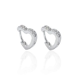 Brinco Argola Click Coração Cravejada 1,3cm - Prata 925