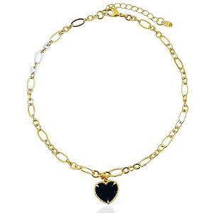 Tornozeleira Coração Preto Elo Intercalado 25cm - Banho de Ouro 18k