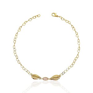 Tornozeleira Ponto de Luz Rosa Navete e Búzios Elo Coração 27cm - Banho de Ouro 18k