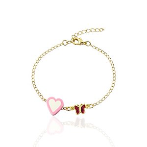 Pulseira Infantil Borboleta Rosa e Coração 15cm - Banho de Ouro 18k