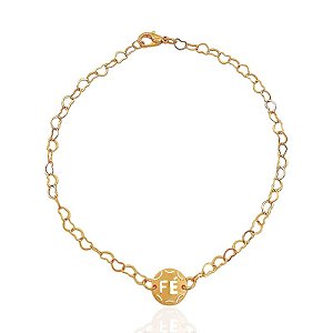 Tornozeleira Plaquinha Fé Vazada Elos de Coração 23cm - Banho de Ouro 18k