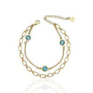 Pulseira Dupla Elos com Pontos de Luz Azul 17cm - Banho de Ouro 18k