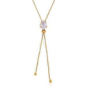 Colar Gravatinha Zircônia Gota Ajustável - Banho de Ouro 18k