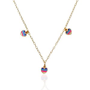 Colar Infantil Corações Coloridos Resinados - Banho de Ouro 18k
