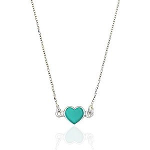 Colar Chocker Coração Resina Verde Agua 40cm - Prata 925