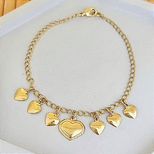 Pulseira 7 Corações 18,5cm - Banho de Ouro 18k