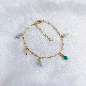 Pulseira Elo Portugues c/ 5 Cristais Pendurados 20cm - Banho de Ouro 18k