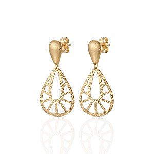 Brinco Gota Grande Vazada Escovada - Banho de Ouro 18k