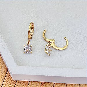 Brinco Argolinha com Pingente Zirconia Quadrada Incolor - Banho de Ouro 18k