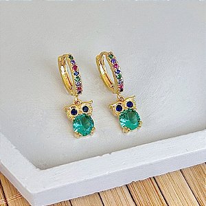 Brinco Argolinha c/ Pingente de Coruja Colorida - Banho de Ouro 18k