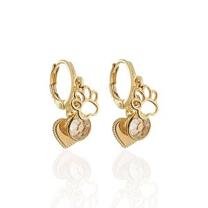 Brinco Argolinha c/ Pingente Triplo (Patinha, Cristal e Coração) - Banho de Ouro 18k