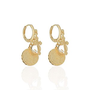 Brinco Argolinha c/ Pingente Triplo (Cruz, Cristal e Pai Nosso) - Banho de Ouro 18k