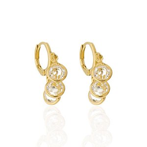 Brinco Argolinha c/ Pingente Triplo Cristais - Banho de Ouro 18k