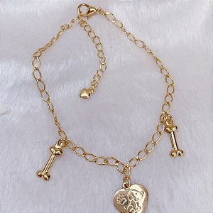 Pulseira Elo Grumet c/ Coração + Ossinho 21cm - Banho de Ouro 18k