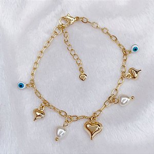 Pulseira Corações, Perolas e Olho Grego 20cm - Banho de Ouro 18k