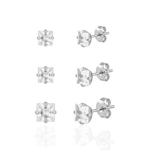 Brinco Trio Zircônia Quadrada Cristal - Prata 925