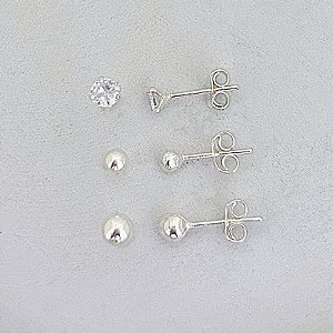 Brinco Trio 2 Bolinhas e Ponto de Luz - Prata 925