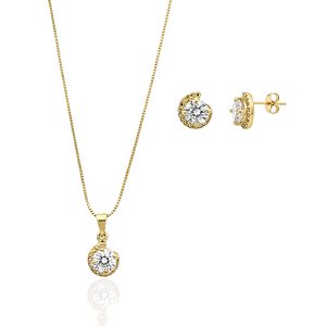 Conjunto Colar + Brinco Ponto de Luz c/ Borda - Banho de Ouro 18k