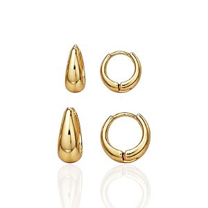 Brinco Duo Argolinha Click Lisa - Banho de Ouro 18k