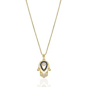 Colar Mão de Fátima Cravejado 45cm - Banho de Ouro 18k