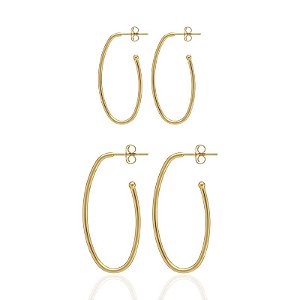 Brinco Duo de Argolas Ovais Lisas - Banho de Ouro 18k