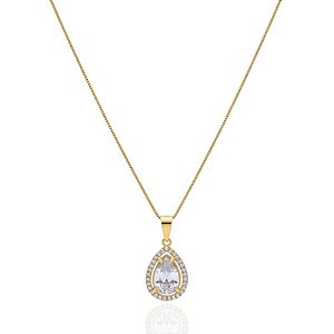 Colar Gota Zircônia Cristal com Borda Cravejada - Banho de Ouro 18k