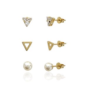 Brinco Trio Triângulo Zircônia, Triângulo Vazado e Pérola - Banho de Ouro 18k