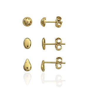 Brinco Trio Meia Bola, Oval e Gota - Banho de Ouro 18k