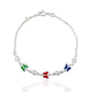 Pulseira Borboletas Coloridas com Pontos de Luz Elo Português - Prata 925