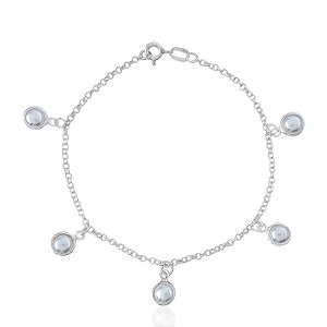 Pulseira Elo Português com 5 Pérolas Penduradas - Prata 925