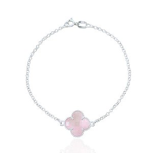 Pulseira Trevo Resina Rosa Elo Português - Prata 925