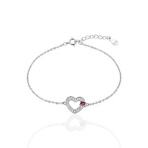 Pulseira Coração Vazado Cravejado c/ Zircônia Baguete Pink 16cm - Prata 925