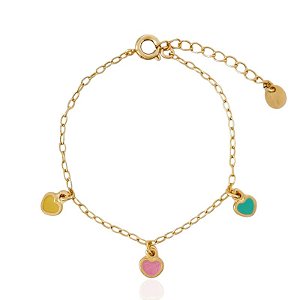 Pulseira Infantil 3 Corações Resina Colorida - Banho de Ouro 18k