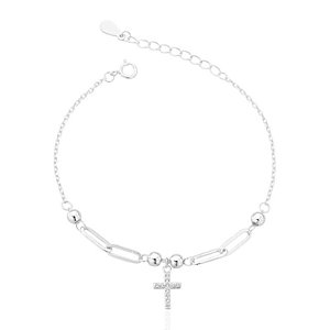 Pulseira Cruz Cravejada + Elos e Bolinhas 16cm - Prata 925