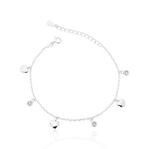 Pulseira 3 Corações e 3 Pontos de Luz Zircônia 16cm - Prata 925