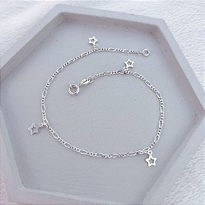 Tornozeleira 3x1 c/ 4 Estrelas Vazadas 22,5cm - Prata 925