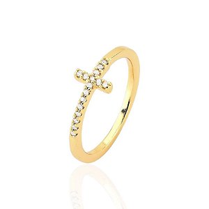 Anel Cruz Cravejada - Banho de Ouro 18k