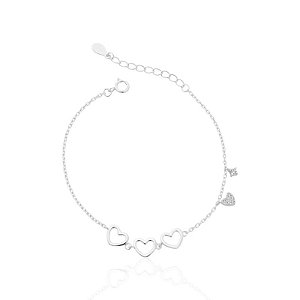 Pulseira 3 Corações Vazados e Ponto de Luz Zircônia 16cm - Prata 925