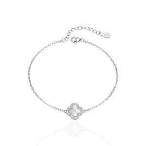 Pulseira Trevo Madrepérola Cravejado 17cm - Prata 925