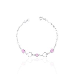 Pulseira Coração Vazado c/ Zircônia Coração Rosa 19cm - Prata 925