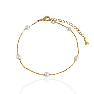 Pulseira Rabo de Rato com Pérolas 18cm - Banho de ouro 18k