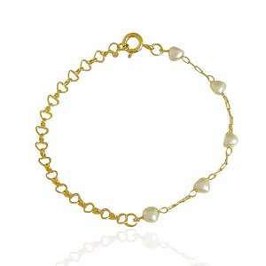 Pulseira Infantil Coração Perolado com Elos de Coração 15cm - Banho de ouro 18k