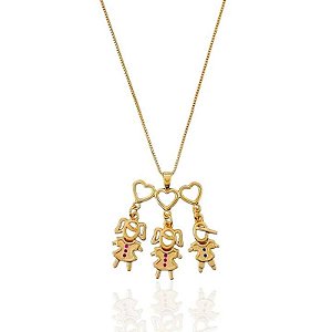 Colar Filhos (Duas Meninas e um Menino) Veneziana 45cm - Banho de Ouro 18k