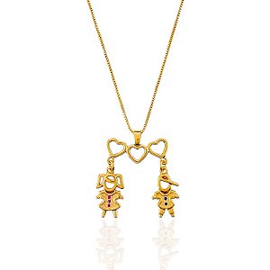 Colar Filhos (Uma Menina e um Menino) Veneziana 45cm - Banho de Ouro 18k