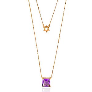 Colar Duplo Estrela de Davi e Zircônia Quadrada Veneziana 50cm + 5cm de Extensor - Banho de Ouro 18k